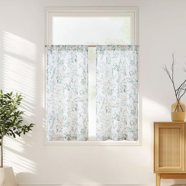 Cortinas de cocina Jinchan de lino floral primaveral, 115 x 115 cm, 2 paneles