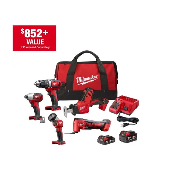 Milwaukee M18 18V Lithium-Ion Cordless Combo Kit (5-Tool) with (2) Batteries, Charger and Tool Bag
