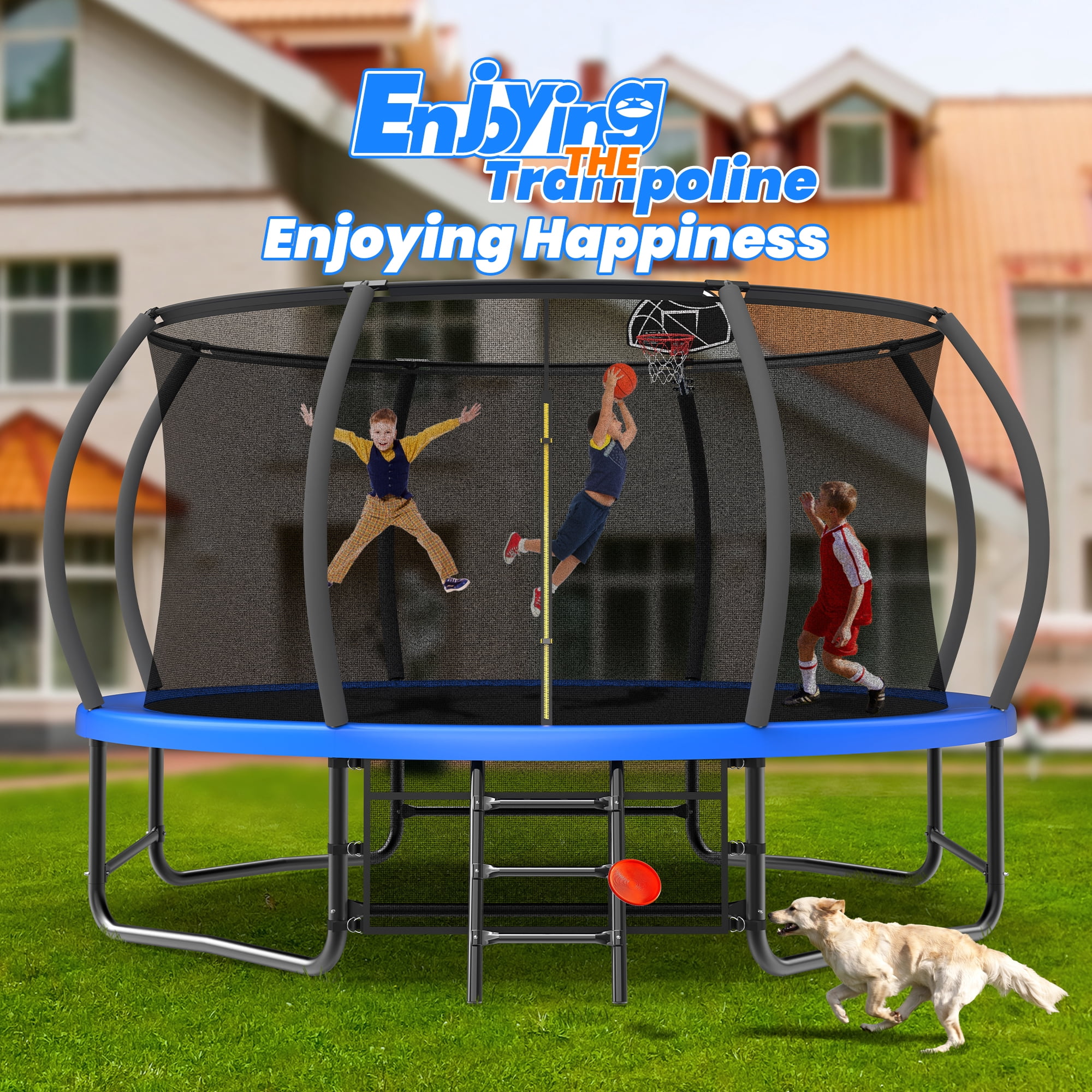 Mersco 12FT/14FT Trampoline for Kids and Adults, Pumpkin Outdoor Trampoline with Basketball Hoop,Enclosure Net and Storage Bag,Jumping Backyard Trampoline SPACE for Boys and Girls Birthday Gift,Blue