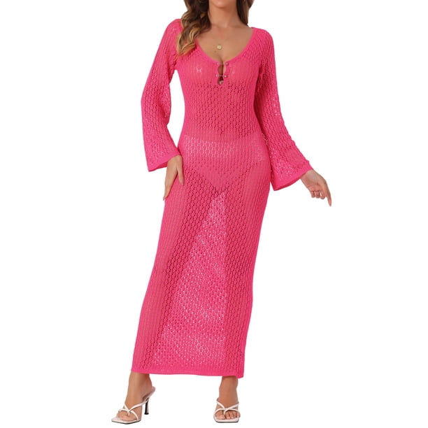 INSPIRAR CHIC Vestido de baño de manga larga con escote en V y huecos, cubre baño de ganchillo maxi en color rosa intenso