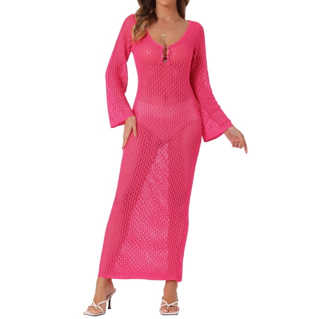 INSPIRAR CHIC Vestido de baño de ganchillo maxi de manga larga con escote en V y huecos para mujeres S Rosa intenso