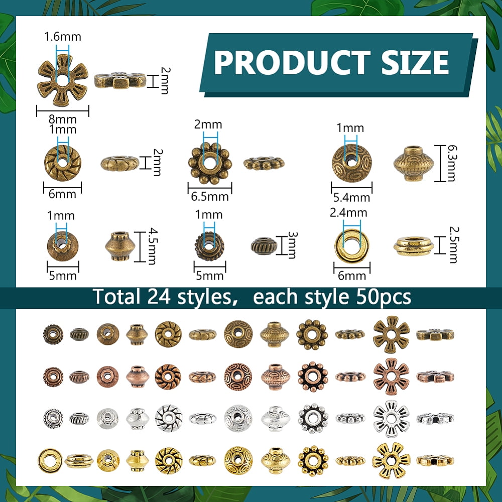 1200Pcs 24 Styles Tibetan Style Alloy Spacer Beads Sets Bicone & Flower & Flat Round Mixed Shapes Mixed Color 5~8x8x2~6.3mm hole: 1~2.4mm