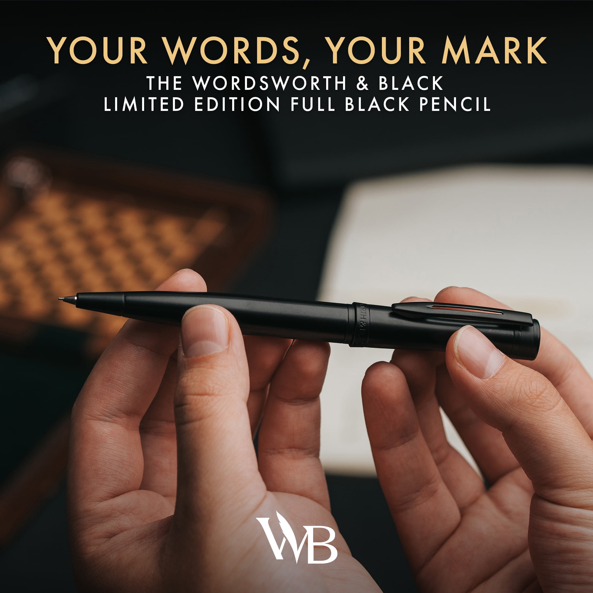 Wordsworth and Black Mechanical Pencil Graphite Lead- Stunning Luxury Metal Pencil, All Black Lacquer Finish, 0.7mm Led, Best Gift Set for Men & Women, Professional Executive Office Pencils
