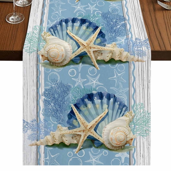 Table Runners 108 Inches Long Dress Scarves, Blue Coastal Starfish Farmhouse Coffee/Dining/Kitchen Table Runner for Living Room, Vintage Wooden Nautical Coral Summer 13x108 Inch