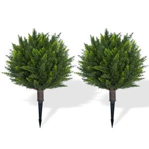 TEQIN Artificial Cedar Topiary Ball Tree with Ground Spike, 24.4" UV Resistant Artificial Bushes for Outdoors,2 Pcs Faux Shrubs, Weatherproof Fake Round Cypress Ball Bushes Plant for Front Porch