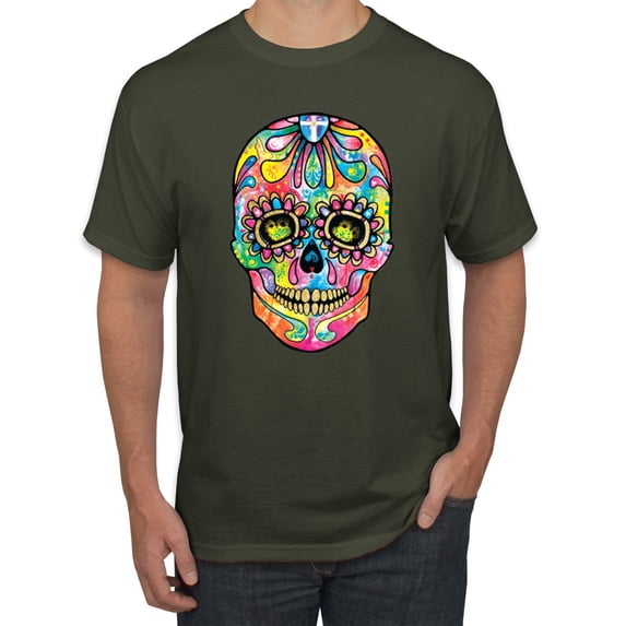 Wild Bobby Dean Russo Colorful Sugar Skull Streetwear Men Graphic Tee, Military Green, Medium