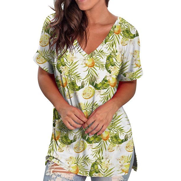 ICHUANYI Clearance Women Hollow Out Fashion Printing Short Sleeves V-Neck T-Shirt Blouse Tops(White, XL) ICHUANYI WER2023081110104