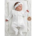 thumbnail image 3 of Cjfdfy Newborn Baby Girl Footed Romper Fall Winter Outfits Solid Color Bow Ruffled Long Sleeve Jumpsuit with Bow Headband cute Knit Ruffle Button Romper 0-9 Months, 3 of 9