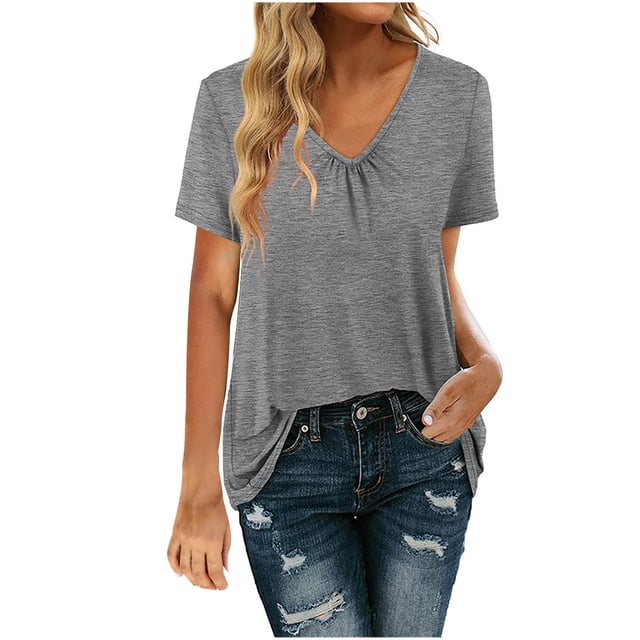 Moda mujer sólido pliegue Slim Fit cuello en V manga corta Casual camiseta Tops OAVQHLG3B Store lin121212