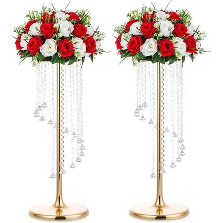 Nuptio 28" Tall Gold Crystal Flower Stand Table Centerpiece Decor ，Elegant Bridal Shower Party Wedding Centerpiece Decoration，Set of 2