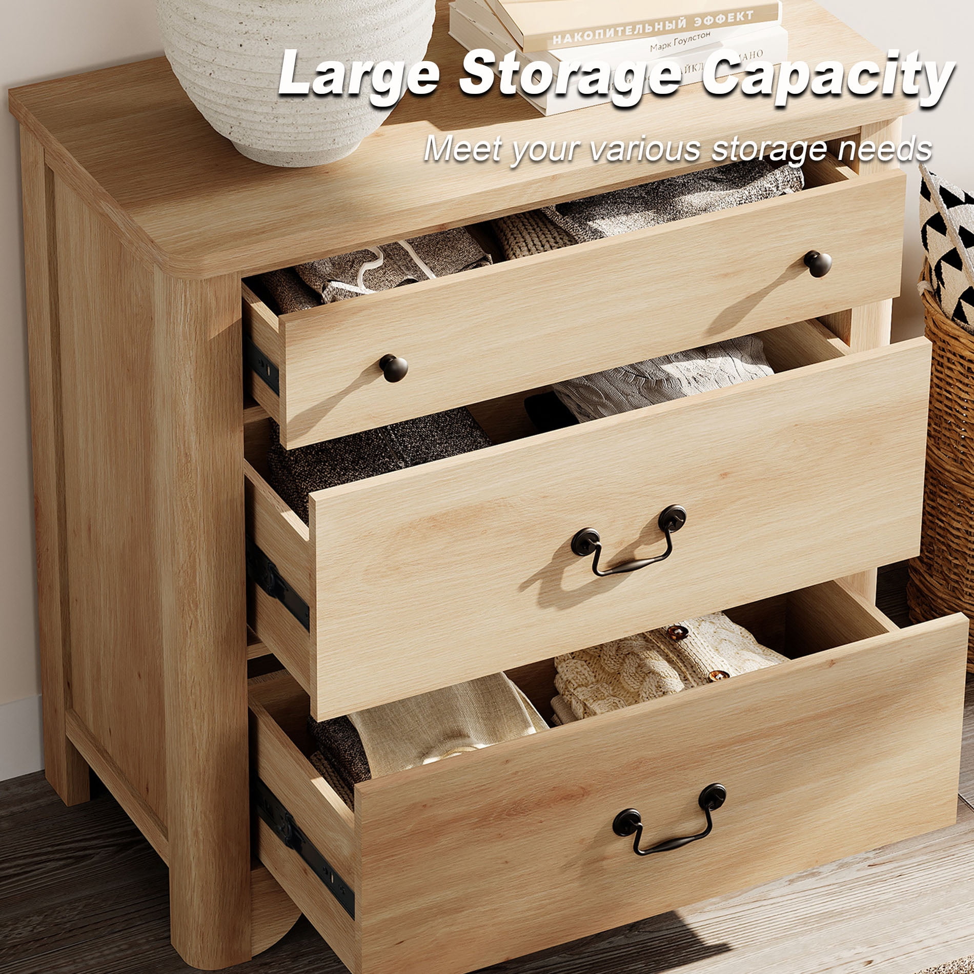 Set Of 2 Nightstand With 3 Drawers, Mid Century Modern Wooden Closet Storage Organizer
