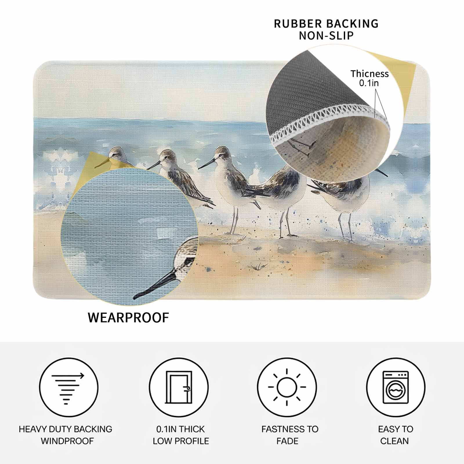 Coastal Seagull Doormat Outdoor Entrance 16"x24", Blue Ocean Summer Birds Oil Painted Absorb Moisture Dirt Door Mats, Non-Slip Rubber Backing Floor Mats Indoor, Low-Profile Front Door Rugs