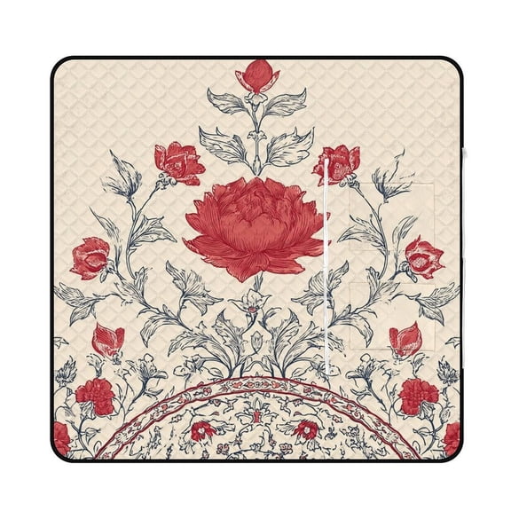 Elegant Floral Pattern Red Cream Design Picnic Blanket Waterproof Outdoor Beach Blanket Hand-held Pad Suitable for Travel, Camping, Beach, Family Gatherings