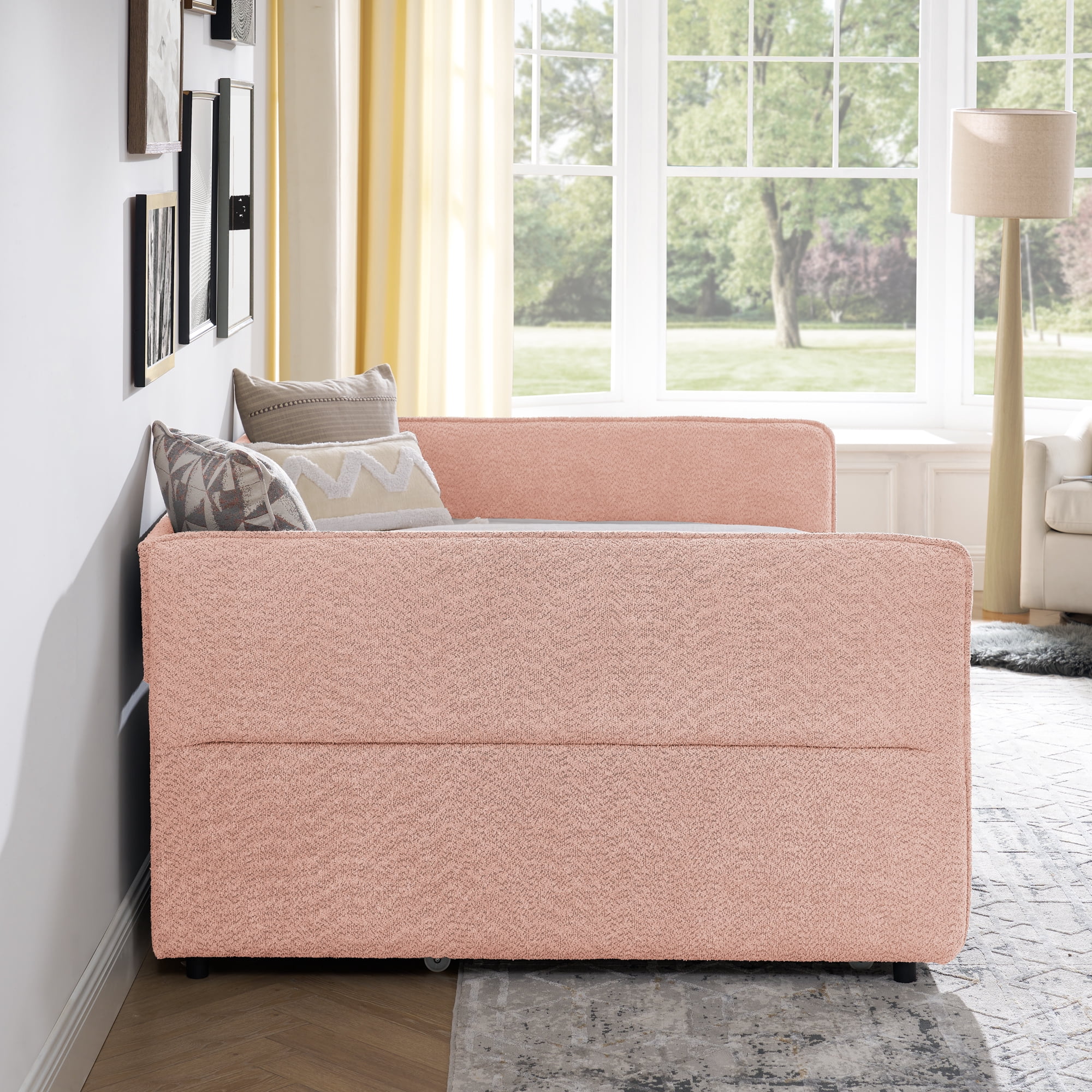 Mintazer Full Upholstered Daybed with Trundle, Boucle Fabric Sofa Bed for Living Room & Bedroom, Pink