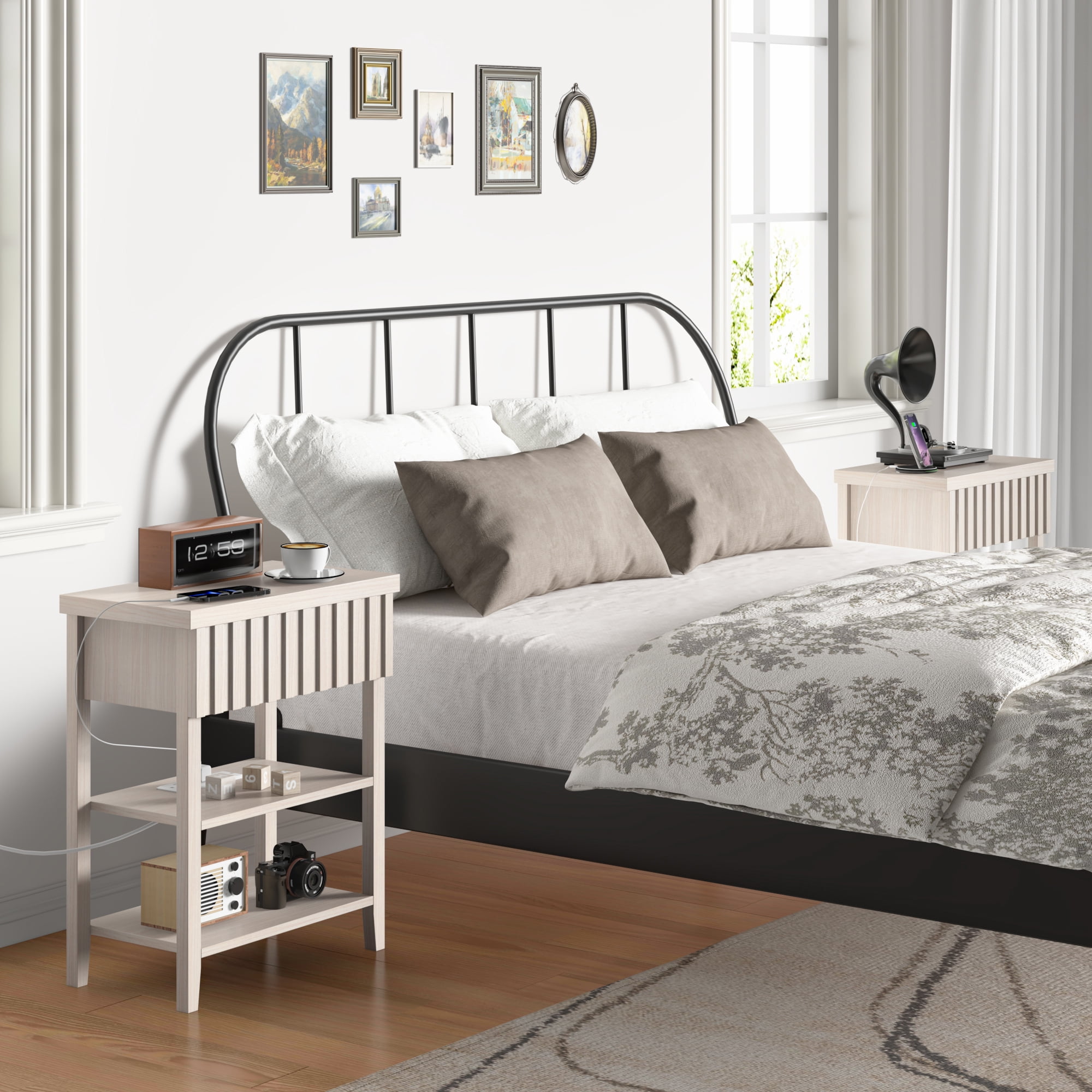 Fluted Nightstand with Charging Station,Farmhouse Night Stand with Drawer & 2 Open Storage Shelves,Modern Side Table for Bedroom Small Space Living Room Entryway,Beige(Set of 2)