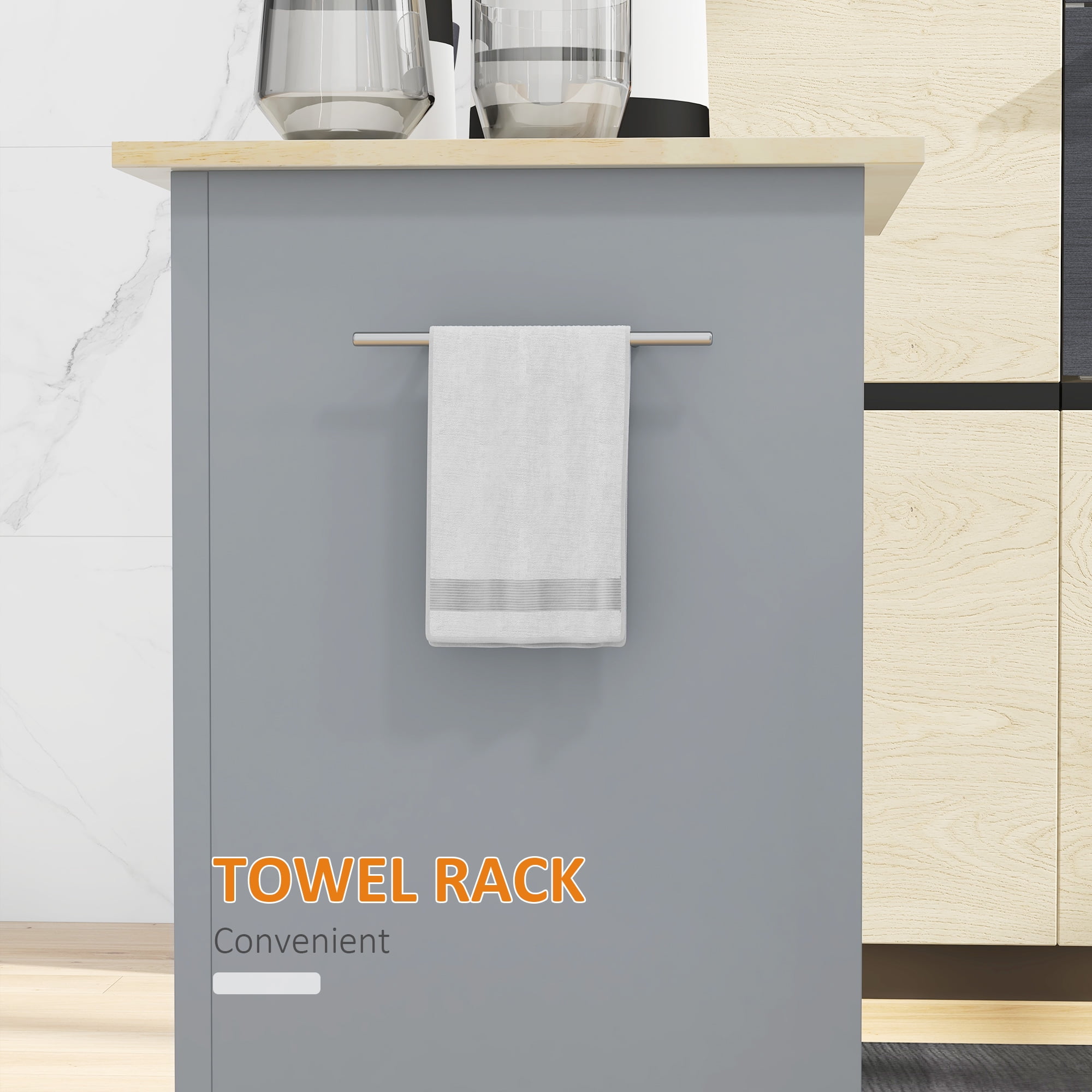HOMCOM Rolling Kitchen Island Cart, Portable Serving Trolley Table with Drawer, Adjustable Shelf and 2 Towel Racks, Grey