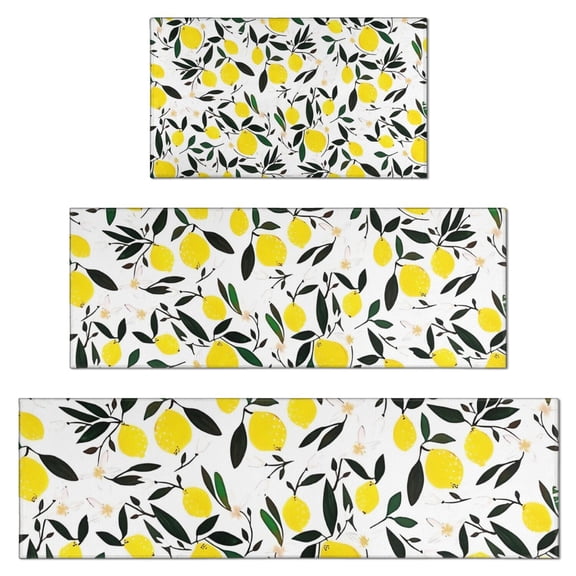 Yellow Lemon Fruit Leaves White Pattern Kitchen Rugs Sets Of 3,Kitchen Runner Rugs Non Skid Washable,Decorative Kitchen Floor Mats for Kitchen,Sink,Laundry,17"x30" 17"x47" 17"x59"