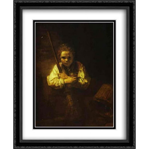A Girl with a Broom 2x Matted 28x34 Large Black Ornate Framed Art Print by Rembrandt