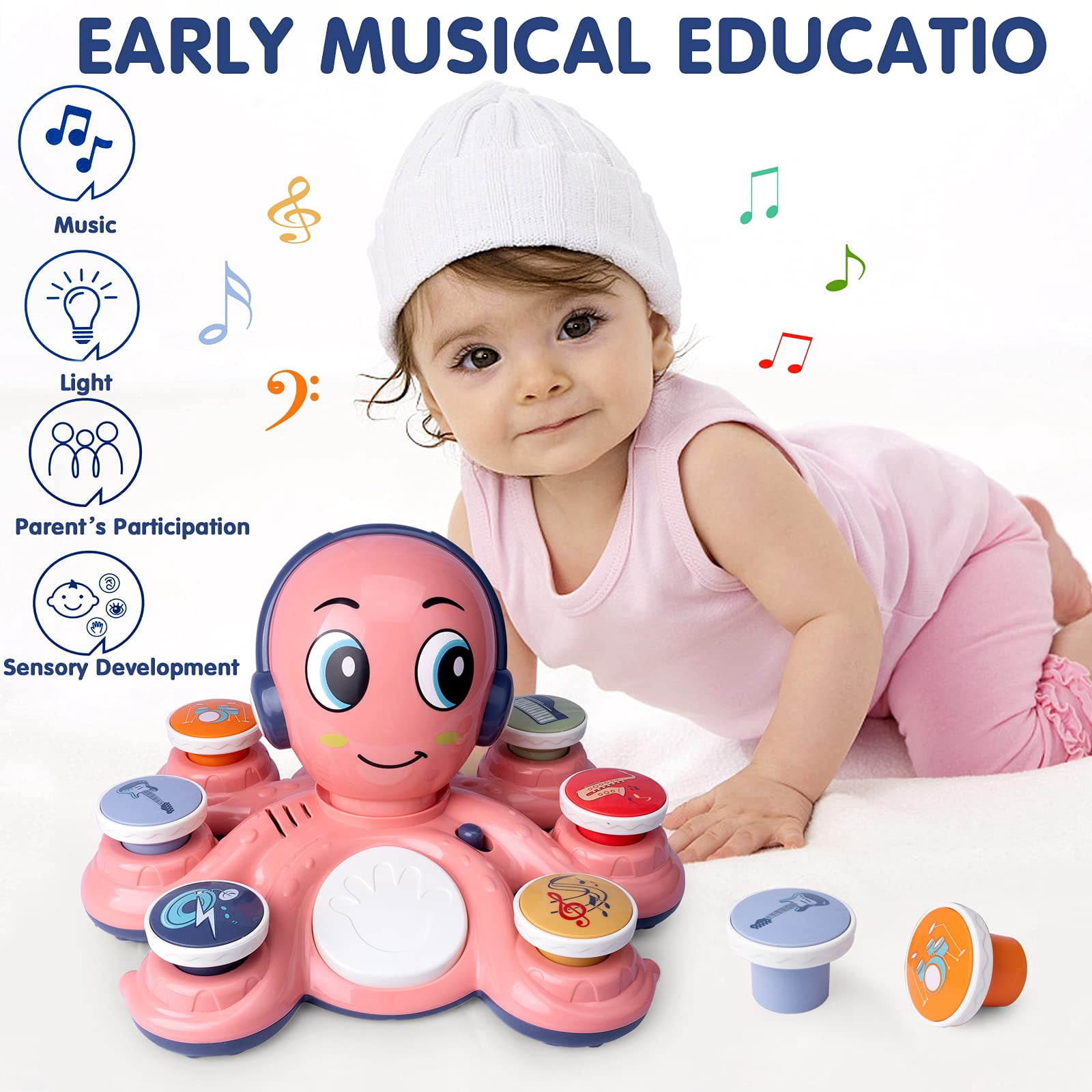 Musical Octopus Toy for Toddlers, Interactive Learning Instrument with 32 Music Modes, Lights & Sounds, 18+ Months