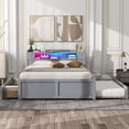 thumbnail image 3 of Queen Size Bed With Single Size Trundle Easy Assembly Platform Queen Bed Frames Wooden Extendable Single Bed Frame  Wooden Bed 2 Drawers LED Lighting Headboard For Living Room, 3 of 9