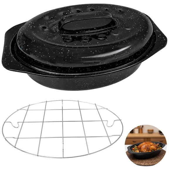13.0 in Roaster Pan with Lid and Rack, Porcelain Enamel Roaster Pan for Ovens, Non-Stick Oval Roasting Pot for Turkey Chicken Meat Vegetables, Oven/Dishwasher/All Stovestops Compatible