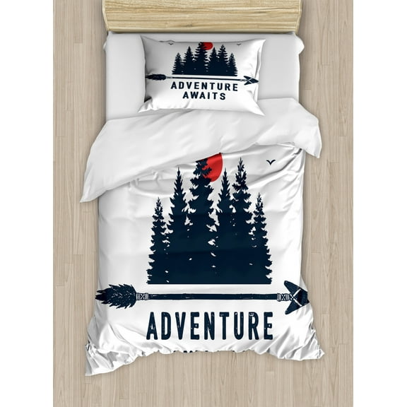 Adventure Awaits Duvet Cover Set Twin Size, Travel Badge with Fir Trees Moon Gulls and Arrow Calligraphy, Decorative 2 Piece Bedding Set with 1 Pillow Sham, Dark Blue Grey Vermilion, by Ambesonne