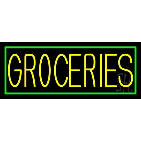 Double Stroke Groceries LED Neon Sign 13 x 32 - inches, Black Square Cut Acrylic Backing, with Dimmer - Bright and Premium built indoor LED Neon Sign for Defence Force.
