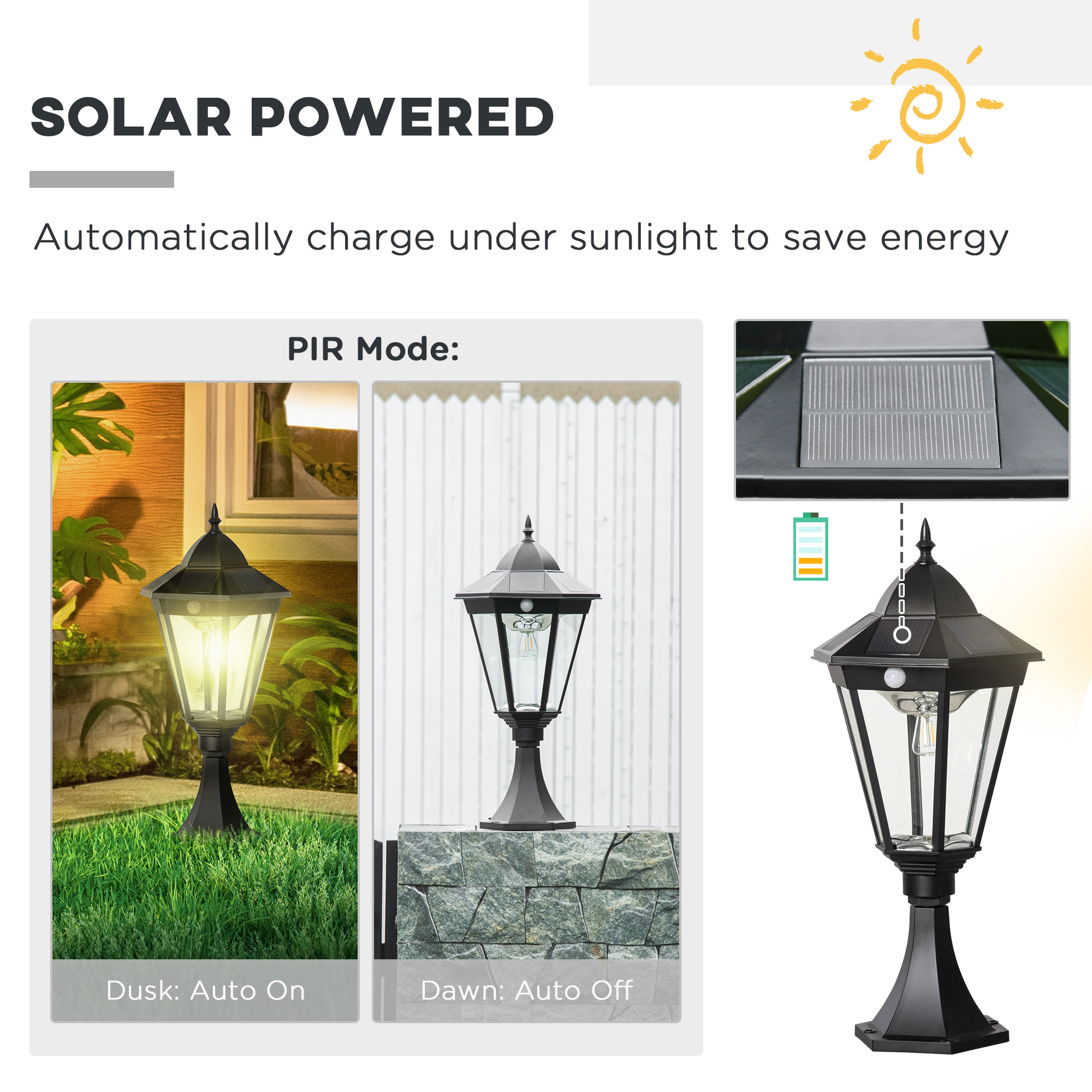 Outsunny Solar Outdoor Post Lights, Waterproof Aluminum, Black
