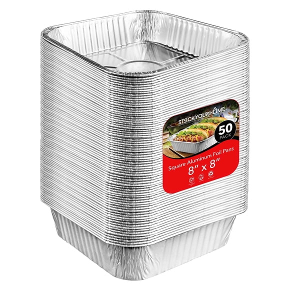 Stock Your Home 8x8 Foil Pans (50 Pack) 8 Inch Square Aluminum Pans - Foil Pans - Disposable Food Containers Great for Baking Cake, Cooking, Heating,