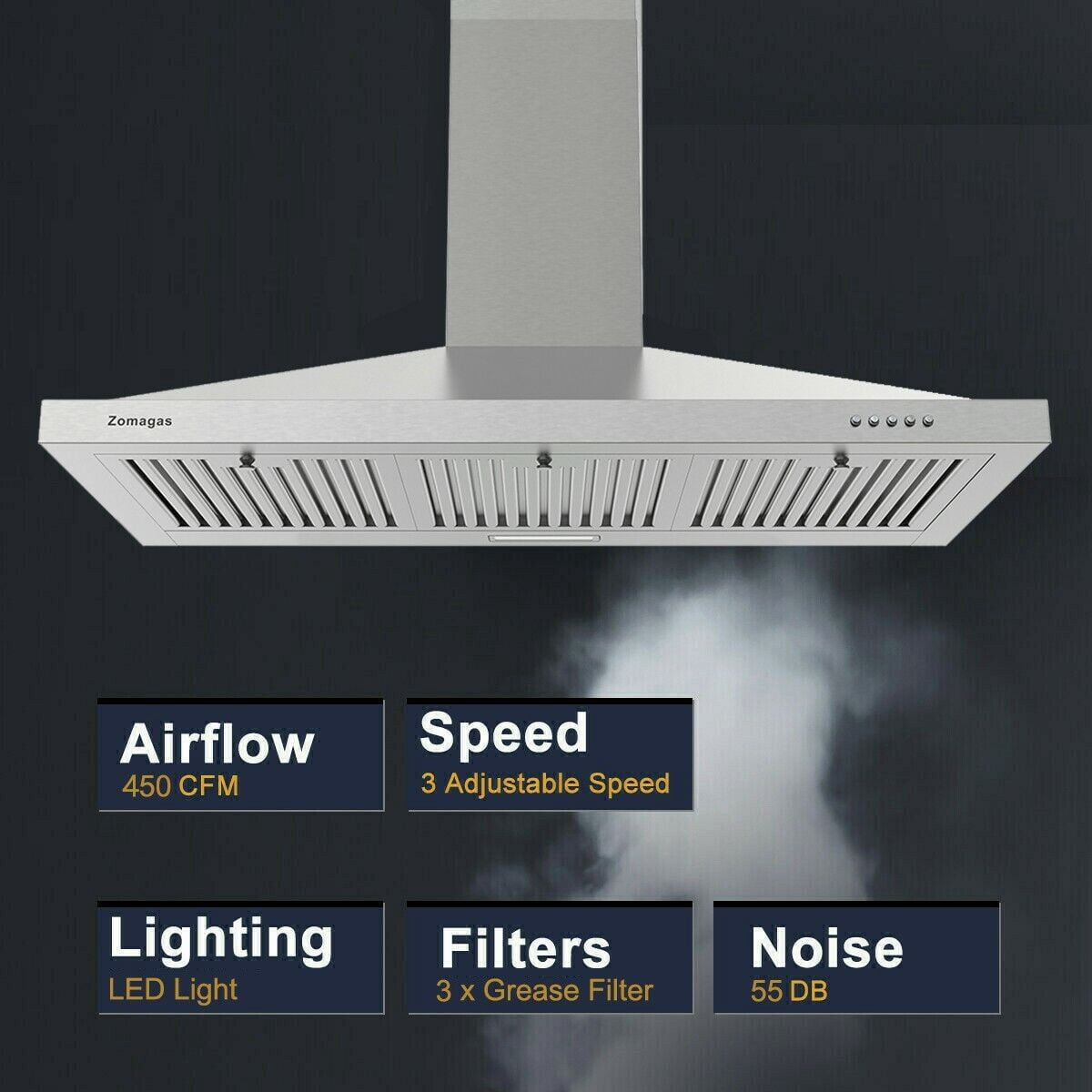 36 inch Range Hood Wall Mounted Vent Hood Stainless Steel Ducted/Ductless 3 Speed Exhaust Fan