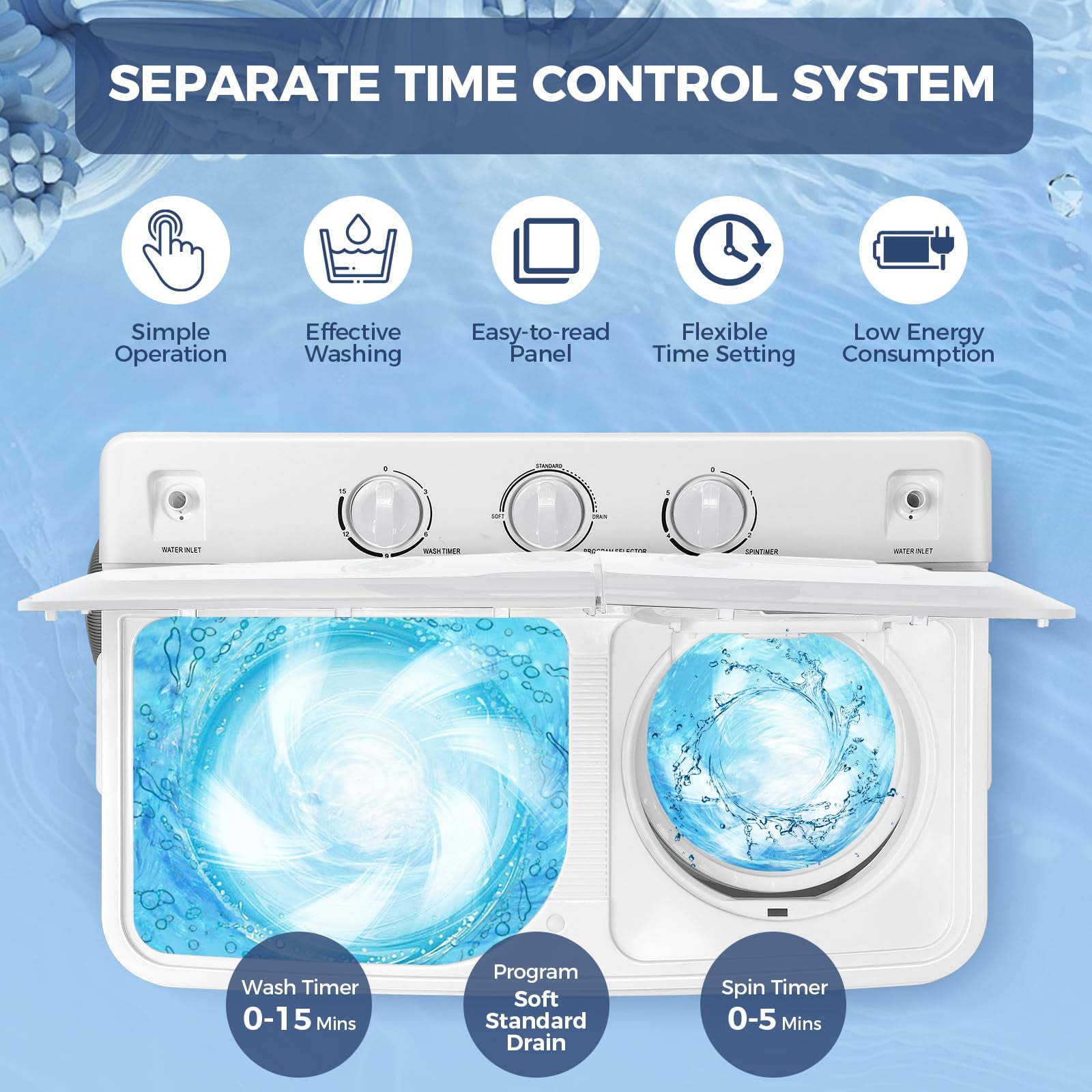 Veeboto Portable Washing Machine, 30LBS Twin Tub Mini Compact Laundry 19lbs Washer/11lbs Spinner with Drain Pump & Time Control Washer Spinner Combo, White
