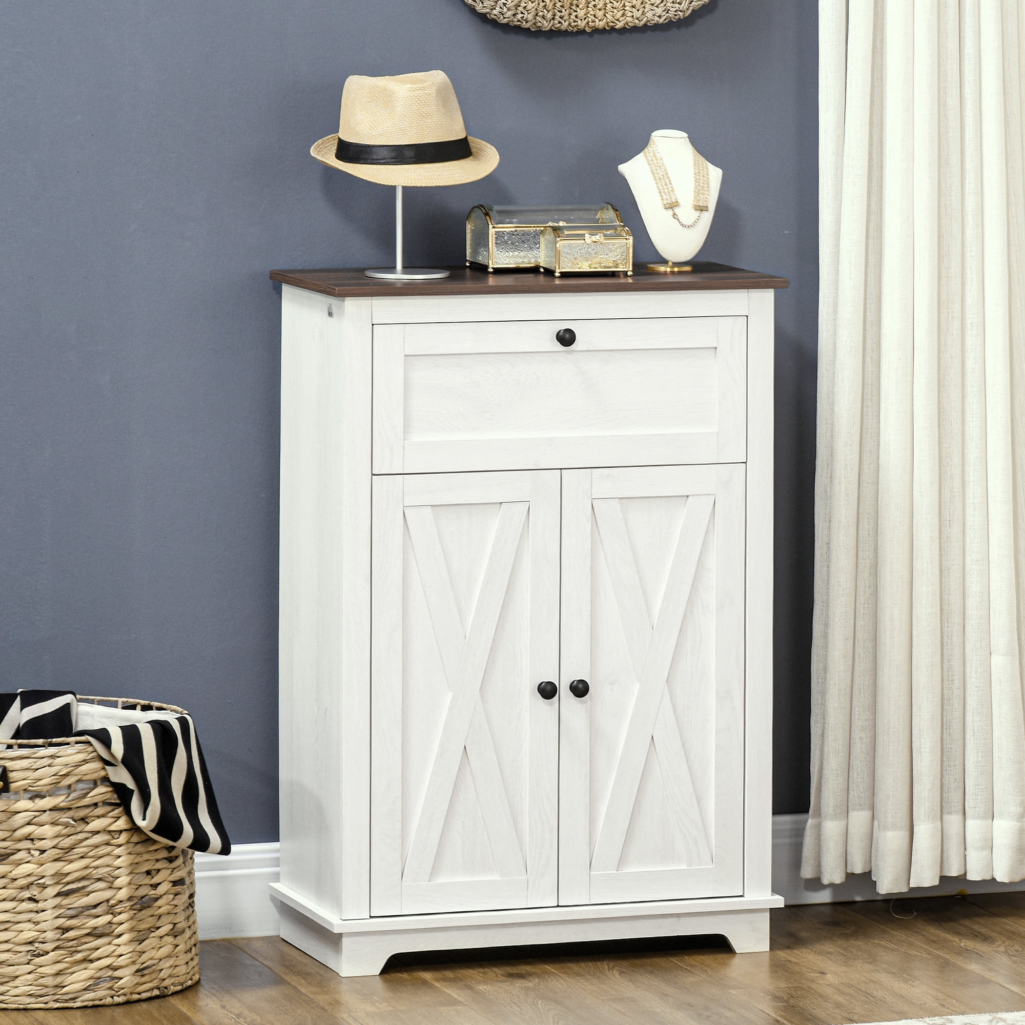 HOMCOM Farmhouse Storage Cabinet, Sideboard with Double Doors, Drawer, and Adjustable Shelf for Kitchen, Bedroom, Living Room, White