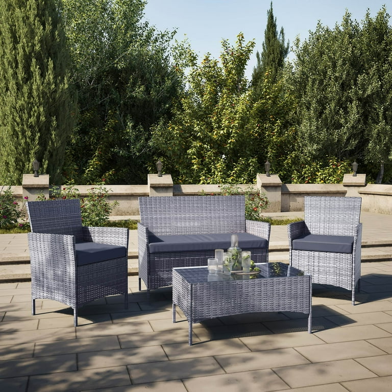 BELLEZE 4 Pieces Patio Furniture Set Patio Rattan Conversation Sets with Durable Cushion and Tempered Glass Top Table Outdoor Indoor Wicker Loveseat