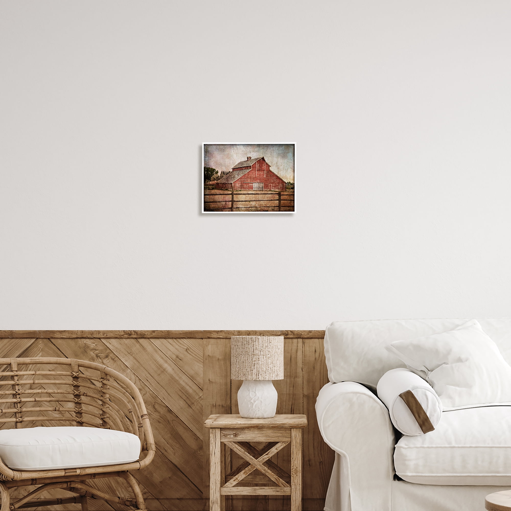 Stupell Industries Vintage Rustic Barn Landscape Painting White Framed Art Print Wall Art, 14 x 11