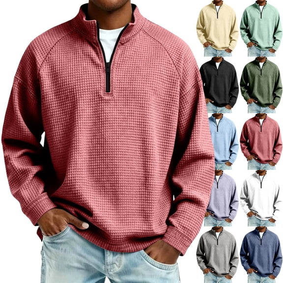 GrmtClth Mens Waffle Textured Knit Quarter Zip Pullover Long Sleeve Stand Collar Soft Stretch Breathable Business Casual Golf Sweatshirt Tops Wine L