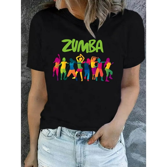 Women's Vibrant Zumba Graphic T-Shirt - Black Short Sleeve Crew Neck, Stretchy Cotton Blend, Machine Washable, Perfect for Spring & Summer, Zumba Tshirts, Ladies Leisure Tees