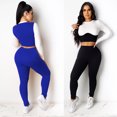 thumbnail image 6 of ZUARFY Women 2Pcs Bodycon Yoga Sport Outfits Long Sleeve O-Neck Color Block Crop Top High Waist Leggings Ribbed Tracksuit L-4XL, 6 of 19