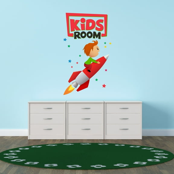 Cartoon Wall Decals for Boy's Bedroom - Happy Boy sitting on a rocket Flying through Space Wall Sticker Decal With Easy Installation Instructions Kid's Bedroom Décor Wall Sticker - Size: 12 In x 20 In