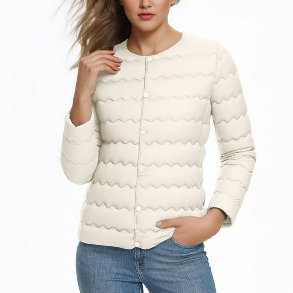 hoksml Women's Collarless Quilted Jacket Lightweight Button Down Puffer Coat with Pockets Minimalist Long Sleeve Winter Jacket