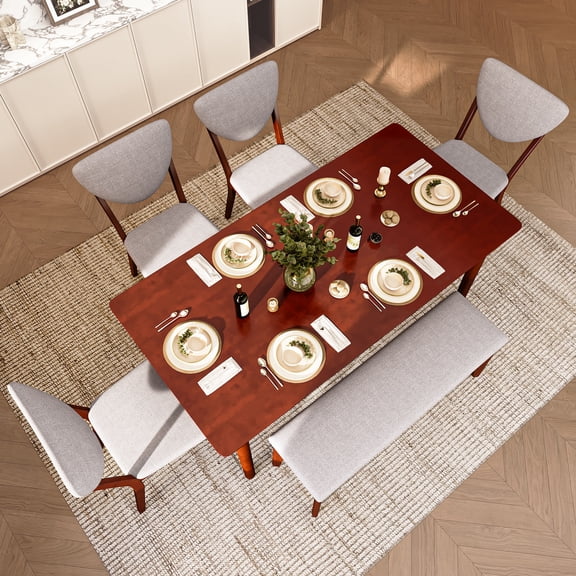 Noelse 6 Piece Dining Table Set for 6, Mid-Century Modern Walnut Kitchen Table Set with Upholstered Chairs & Bench, Rubberwood Legs, Space-Saving Dining Room Set for Small Apartments