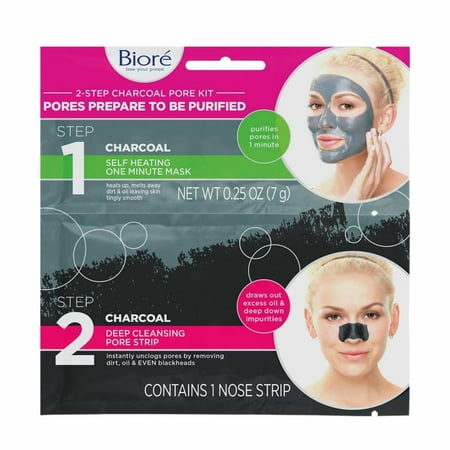 Biore 2-Step Deep Cleansing Pore Purifying Kit w/ Charcoal, Self Heating Mask & Pore Strip, 6 Ct