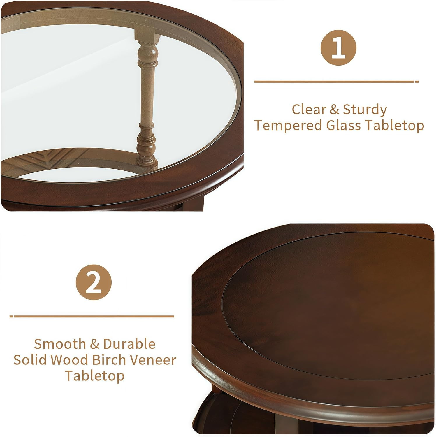 LKTART Nesting Coffee Table for Living Room,Round Tempered Glass Solid Wood Nest Coffee Tables with Storage,Retro Small Accent Center Table