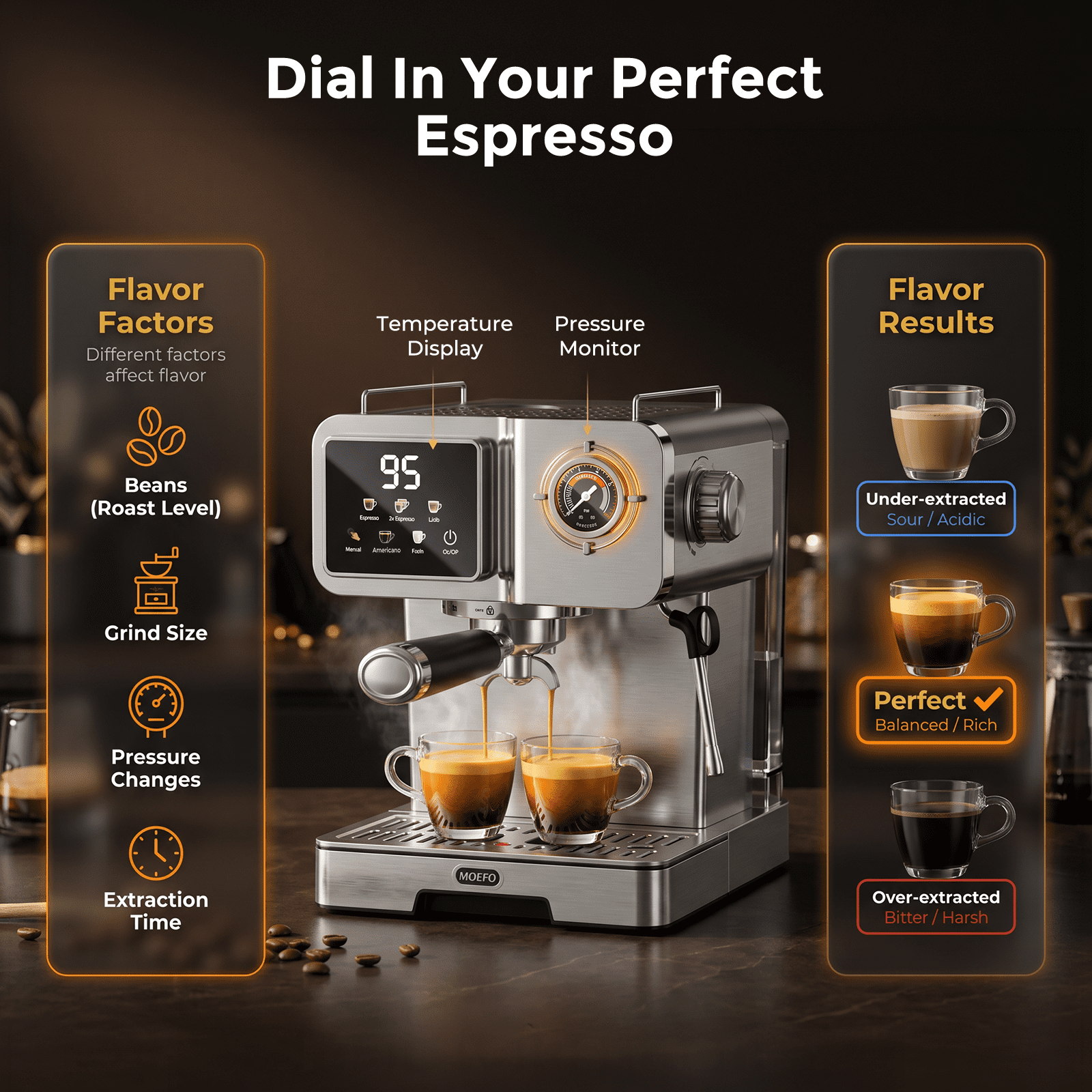 MOEFO 58mm Espresso Machine with Milk Frother, 20 Bar Semi-Automatic Coffee Maker, Visual Pressure Gauge & Touchscreen LCD Display, Professional Home Espresso Machine for Latte & Cappuccino, Silver