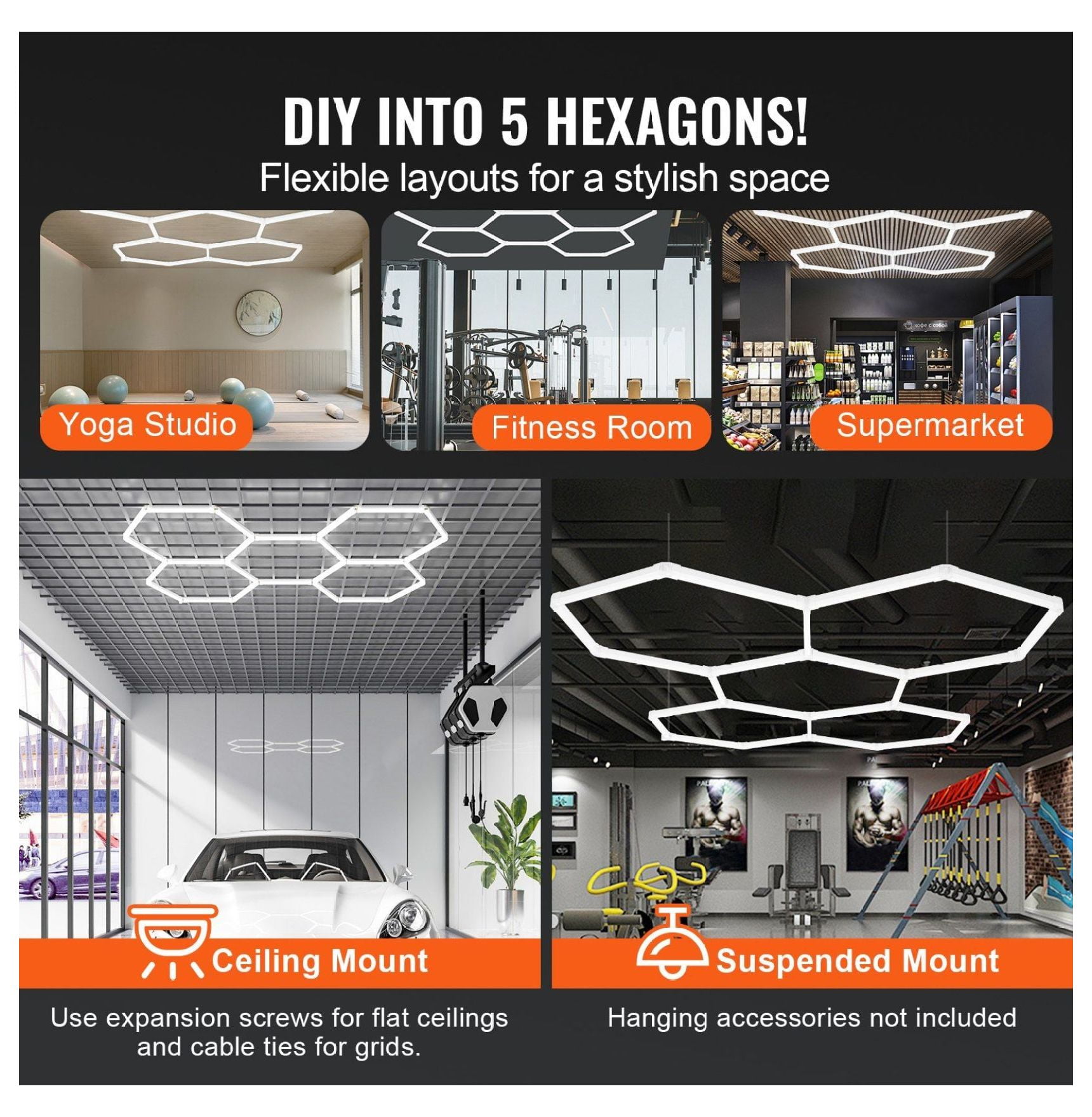 Hexagon Garage Lights 26400LM, 5-Panel LED Shop Ceiling Light, 6500K Daylight, DIY Modular Design, Honeycomb LED Fixture for Garage, Workshop, Basement