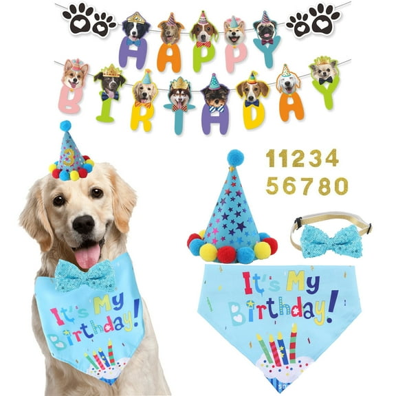 Dog Boy Birthday Party Outfits Decor,Birthday Hat, Bow Tie, Bandana, Happy Birthday Banner,Puppy Pet Theme Decorations Suit for Golden Doodle Teddy Husky Labrador (4PCS Blue)