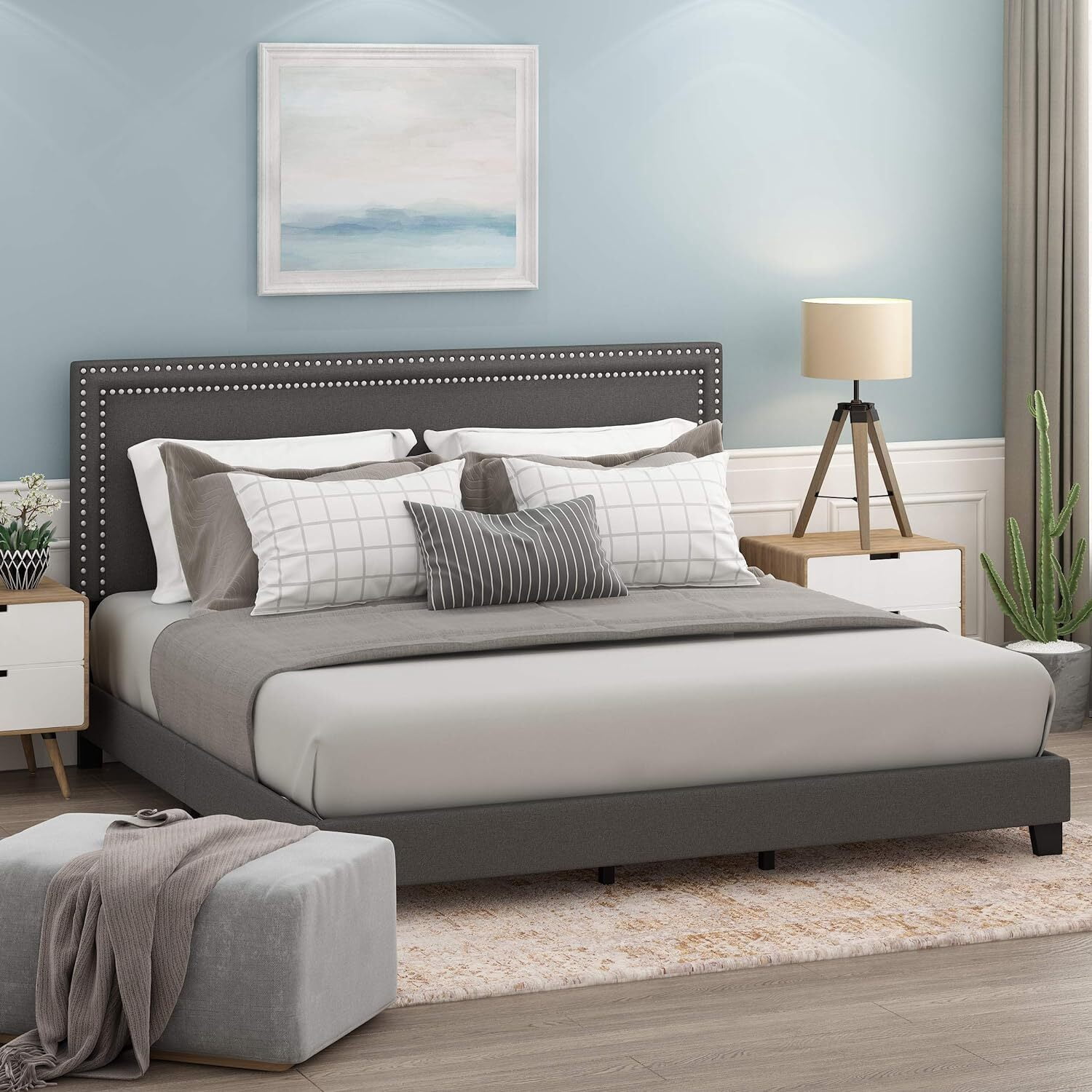 Homestock Rustic Ranch Button Tufted Bed Frame In Linen With 12 Piece Slat Style, King Size For A Stylish And Comfortable Bedroom Retreat-Color:Stone,Size:King
