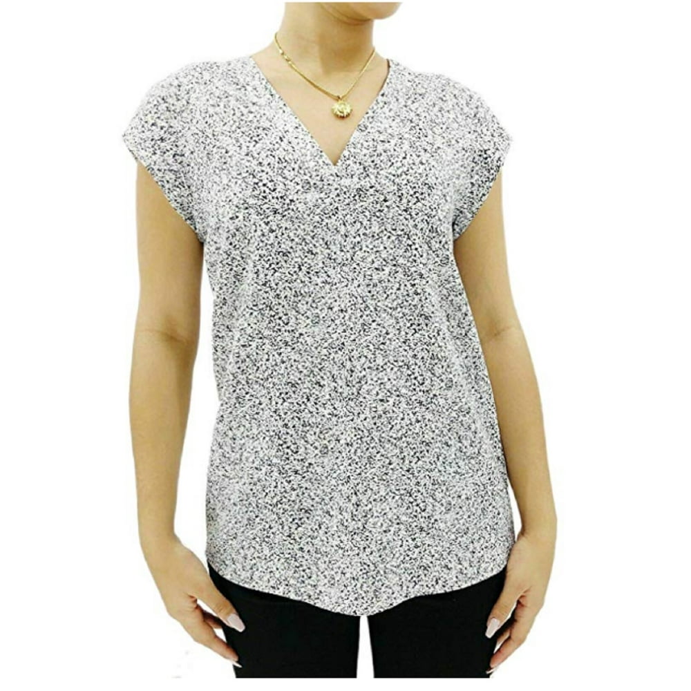 Hilary Radley - Hilary Radley Printed Short Sleeve Blouse (Off-White Black Combo, Small