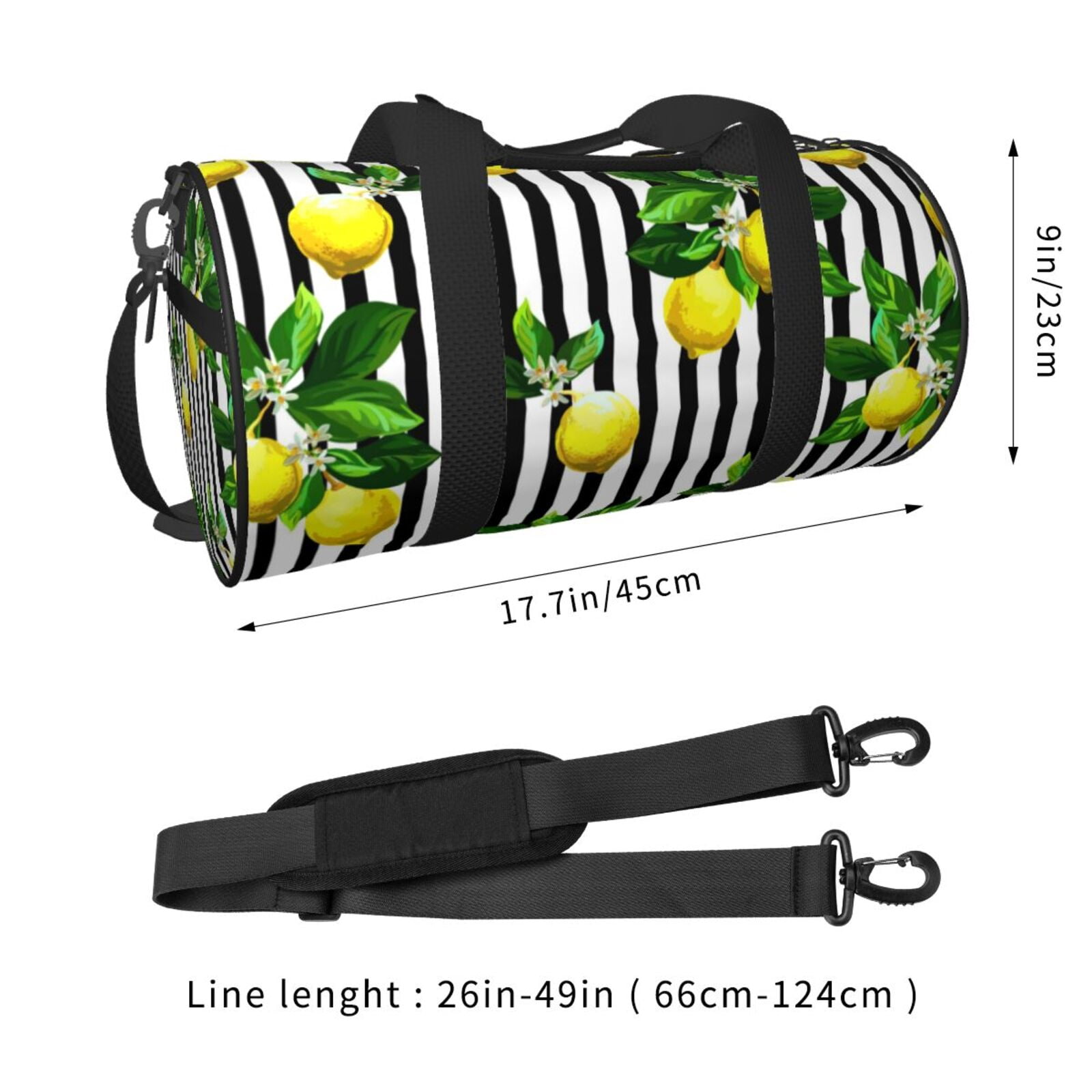 Vsdgher Lemons on Striped 45L Foldable Duffel Bag, Sports Gym Bag,Overnight Bag, Portable Weekender Bag for Airplanes