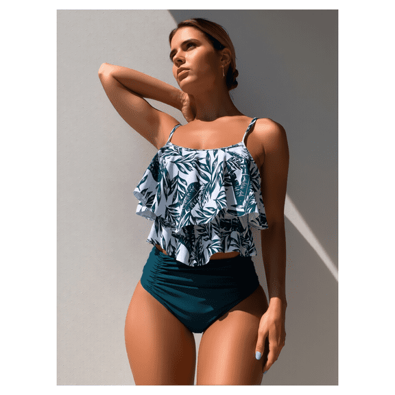Women's Tropical Leaf Print Ruffled Tankini Set - High-Waisted Bottom Two-Piece Swimwear