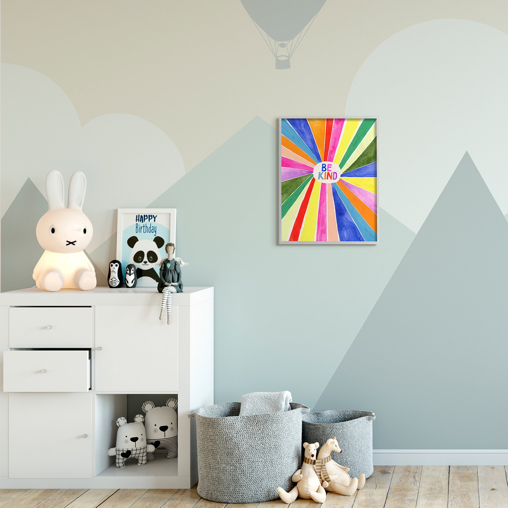 Stupell Industries Be Kind Phrase Rainbow Stripe Burst Art for Kids Painting Gray Framed Art Print Wall Art, 16 x 20